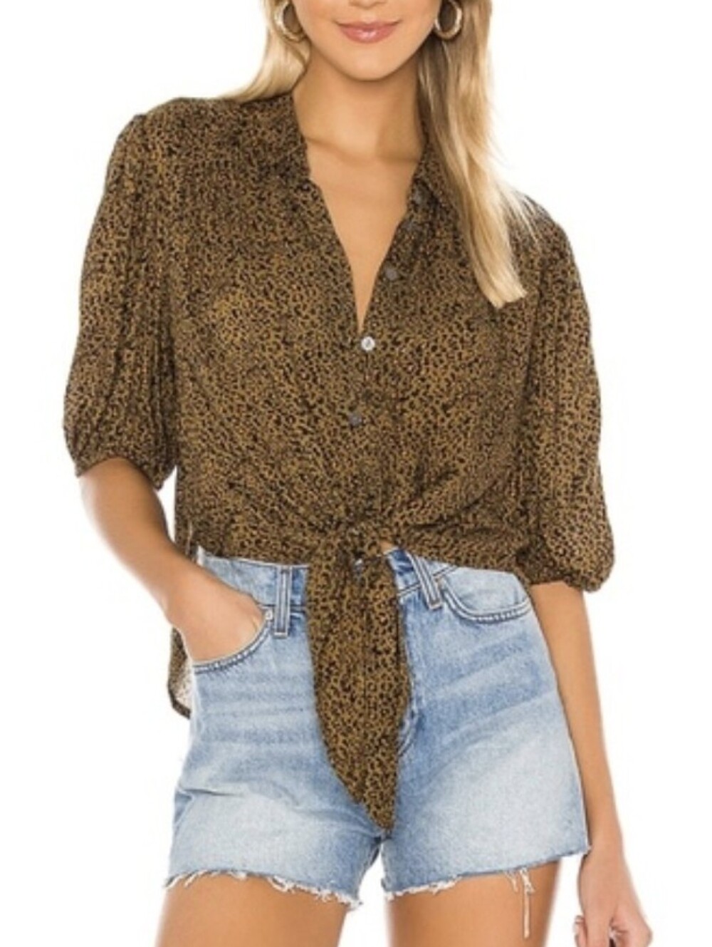 FREE PEOPLE Leopard Print Tie Front Puff Sleeve Blouse Olive Brown L